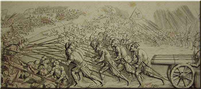 Bataille de Marignan, le combat des Céans XIII et XIV septembre M.D.XV. Gravure de Francesco Primaticcio, hôtel de Soubise.