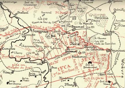 Le plan de campagne suivant permet de se rendre compte de la proximité des lignes allemandes, le trait rouge représentant la ligne de front. 