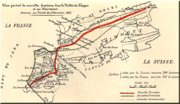 la carte du traité de rectification de frontière de 1862 entre la France et la Suisse dans la vallée des Dappes